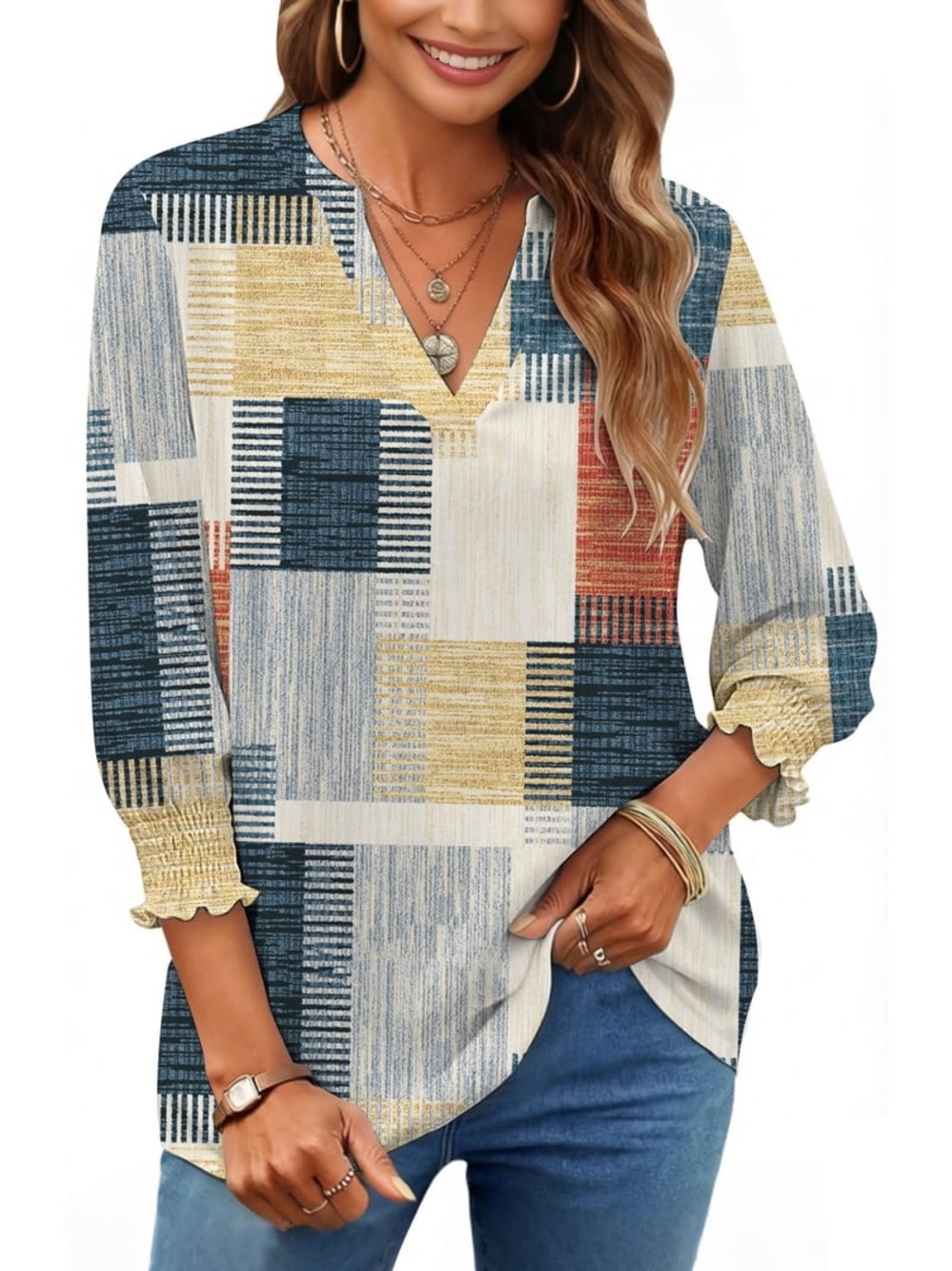 Boho Patchwork V-Neck Blouse - Multicolor W